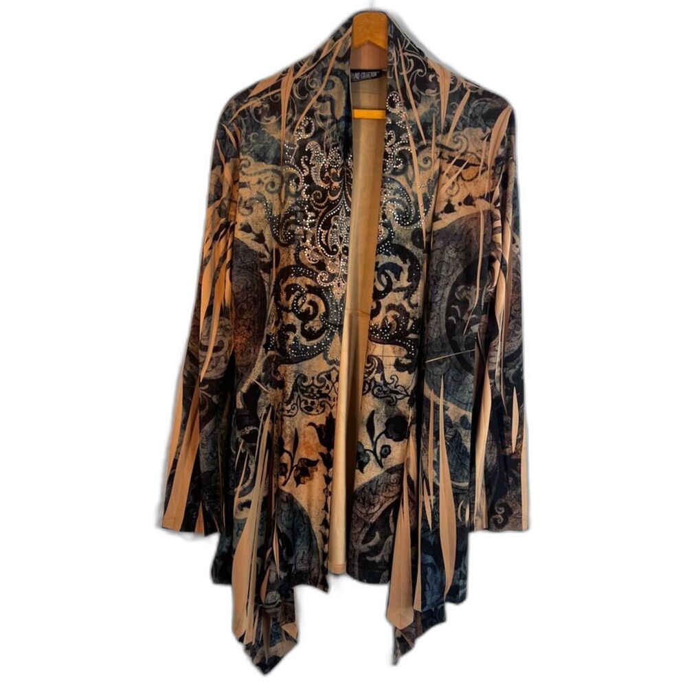 The Pyramid Collection Open Front Abstract Shark Bite Cardigan Boho Hippie Sz LG